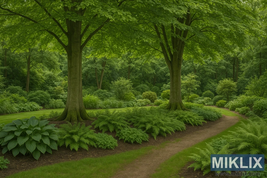Pohon Beech Eropa dengan batang abu-abu tinggi dan kanopi hijau lebat di taman hutan.