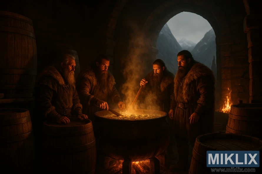 Bearded brewers in fur tend boiling hops by fire in a Viking-style brewery with wooden barrels and a stone archway. Bearded brewers in fur tend boiling hops by fire in a Viking-style brewery with wooden barrels and a stone archway.