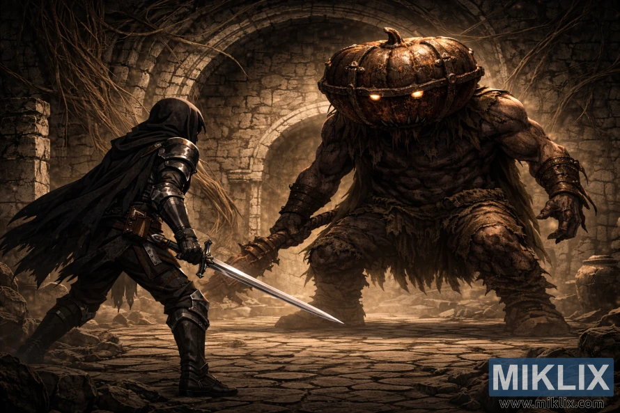 Semi-realistic dark fantasy scene of a Tarnished warrior with a sword confronting a gigantic Mad Pumpkin Head boss inside ancient stone ruins before battle.