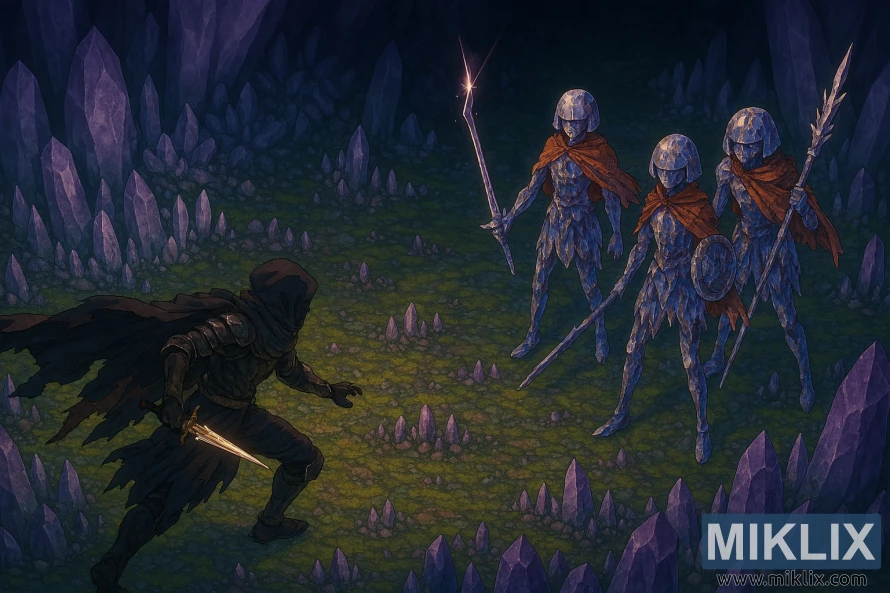 Anime stil fan art of the Tarnished bori tri Trulež Kristalians u kristalnoj pećini iz povišenog pogleda Anime stil fan art of the Tarnished bori tri Trulež Kristalians u kristalnoj pećini iz povišenog pogleda