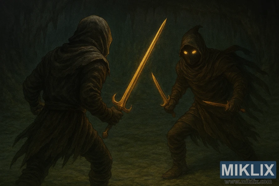 Anime-style Elden Ring fan art showing the Tarnished with a sword facing a dual-dagger Black Knife Assassin in Sage's Cave Anime-style Elden Ring fan art showing the Tarnished with a sword facing a dual-dagger Black Knife Assassin in Sage's Cave