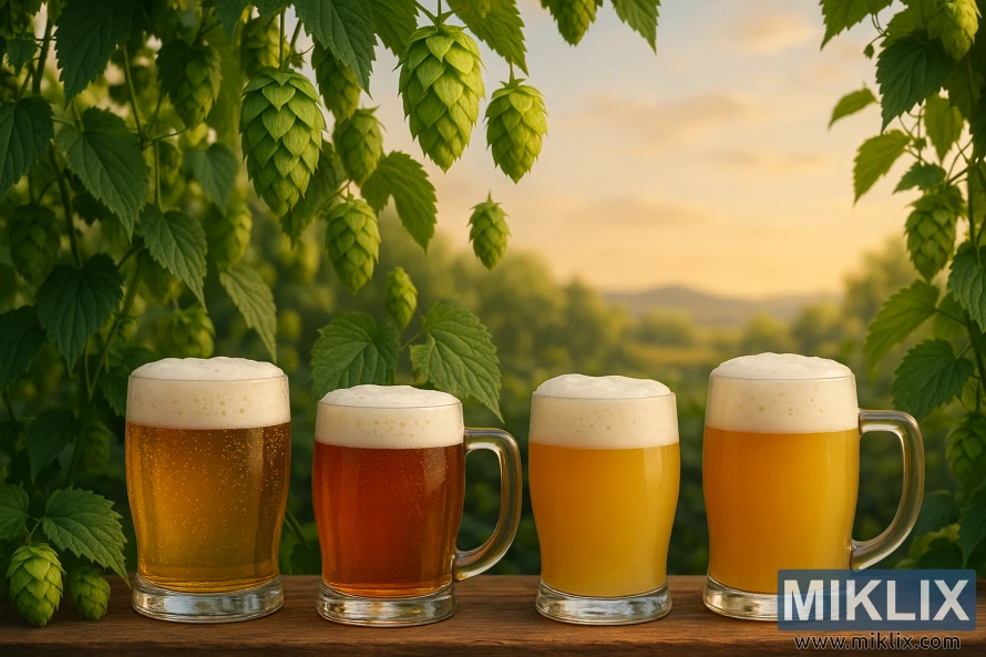 Arany, borostyánszínű és ködös IPA-k poharai habos fejekkel, élénkzöld komlótobozok és elmosódott, lankás dombok előtt. Arany, borostyánszínű és ködös IPA-k poharai habos fejekkel, élénkzöld komlótobozok és elmosódott, lankás dombok előtt.