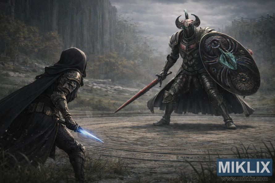 Realistic Elden Ring fan art showing the Tarnished from behind facing a towering Crucible Knight in the Stormhill Evergaol before combat. Realistic Elden Ring fan art showing the Tarnished from behind facing a towering Crucible Knight in the Stormhill Evergaol before combat.