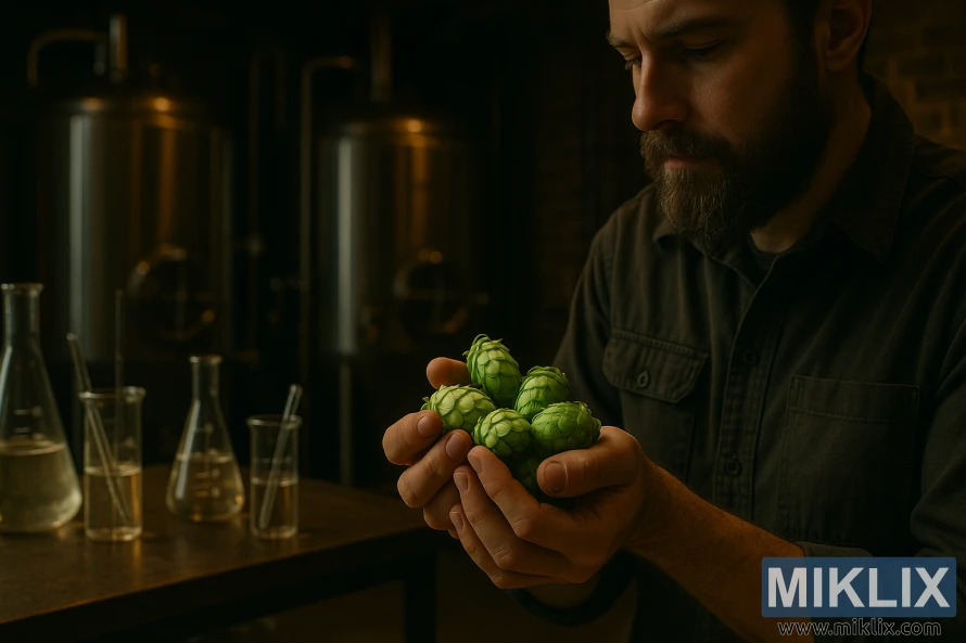 Brygger inspiserer fersk Pacific Jade-humle i et dunkelt bryggeri med laboratorieverktøy og gjæringstanker i rustfritt stål.