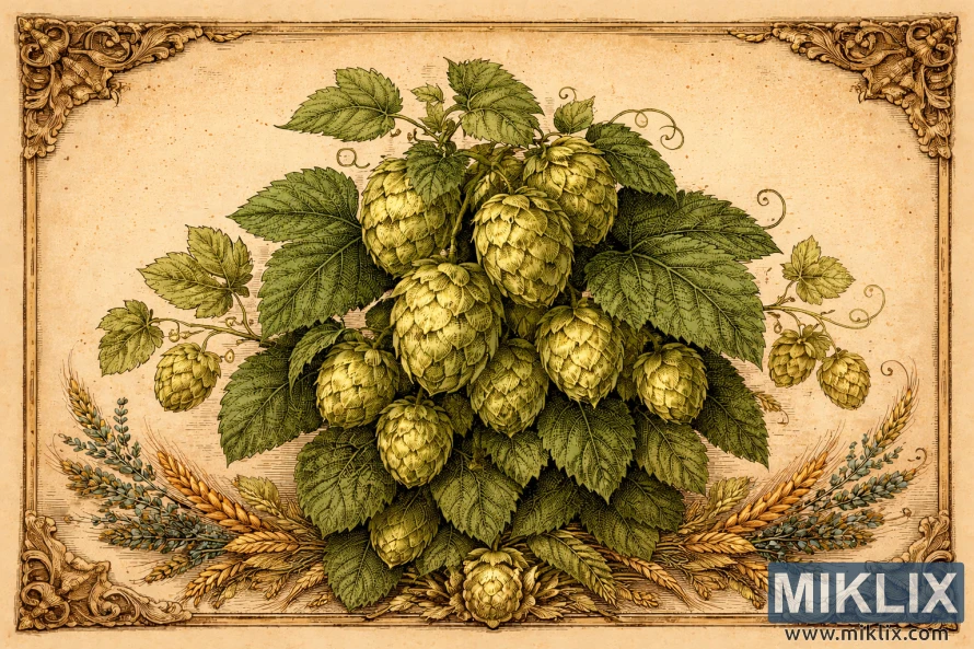 Old-fashioned botanical illustration showing detailed hop cones and leaves framed by an ornate antique border with barley and wheat elements.