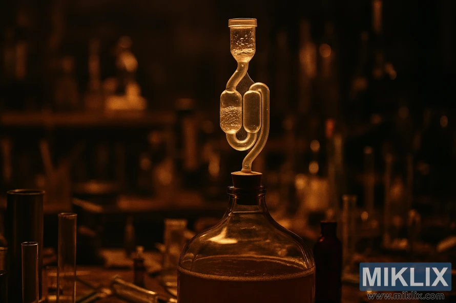 Primer pla d'una trapa de fermentació bombollejant en una garrafa de vidre en un laboratori mal il·luminat amb equipament científic dispers.