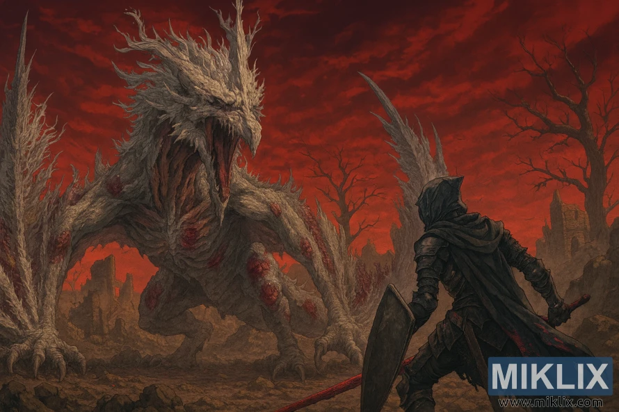 क्यालिडमा डिकेइङ एक्जाइक्ससँग लड्दै गरेको टार्निश्ड इन ब्ल्याक नाइफ आर्मरको एनिमे-शैलीको फ्यान आर्ट