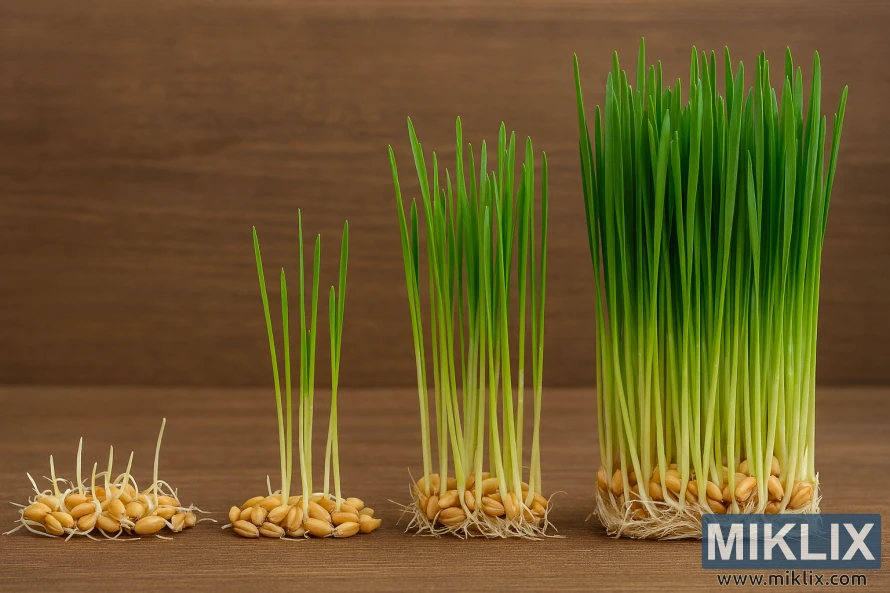 Side-by-side view of four stages of wheatgrass growth from seed to full maturity Side-by-side view of four stages of wheatgrass growth from seed to full maturity