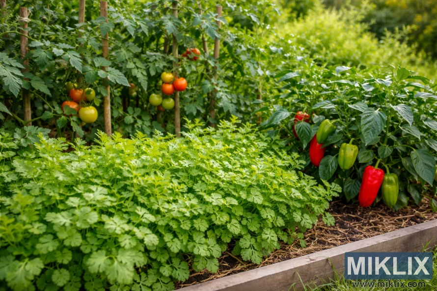 Raised garden bed with lush cilantro in the foreground and tomato and pepper plants bearing ripe fruit in bright daylight.