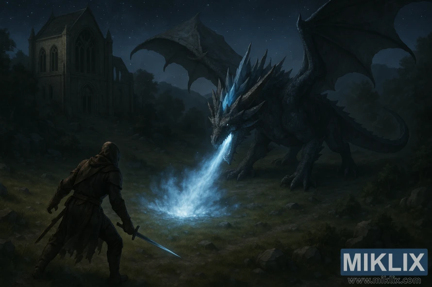 Realistic fantasy artwork showing the Tarnished seen from behind facing Glintstone Dragon Adula breathing blue magic near the ruined Cathedral of Manus Celes at night.