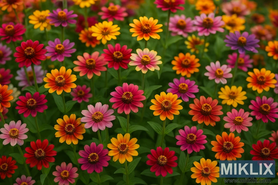 Landschapsfoto van Jazzy Mix-zinnia's in levendige herfstkleuren, waaronder rood, oranje, geel, roze en paars, omringd door weelderig groen blad Landschapsfoto van Jazzy Mix-zinnia's in levendige herfstkleuren, waaronder rood, oranje, geel, roze en paars, omringd door weelderig groen blad