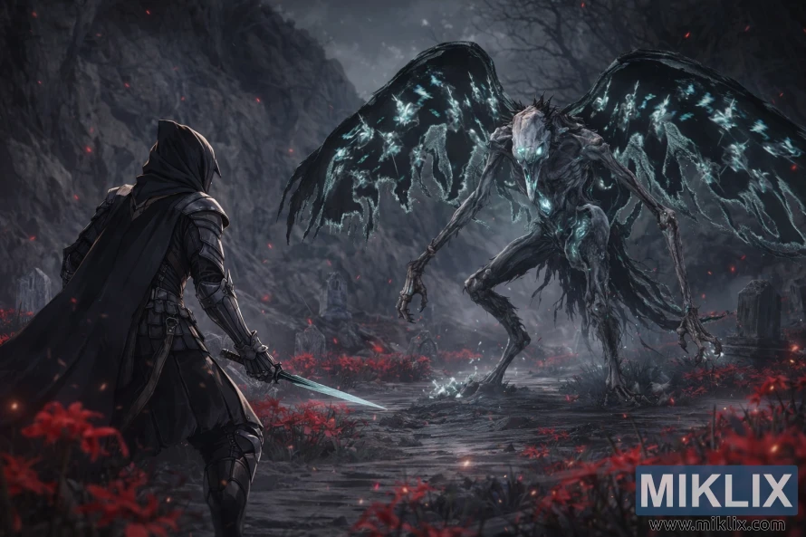 Anime-style fan art of the Tarnished in Black Knife armor facing the glowing Death Rite Bird in Charo’s Hidden Grave just before battle. Anime-style fan art of the Tarnished in Black Knife armor facing the glowing Death Rite Bird in Charo’s Hidden Grave just before battle.