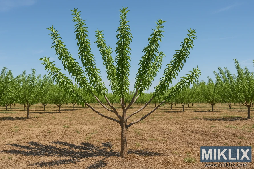 Amêndoa jovem devidamente podada com ramos de andaime equilibrados num pomar ensolarado Amêndoa jovem devidamente podada com ramos de andaime equilibrados num pomar ensolarado