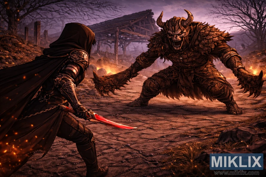 Illustration de style anime montrant le Tarnished de dos à gauche, tandis qu'un Omenkiller beaucoup plus imposant se profile à l'horizon dans le village en ruines des Albinaurics.