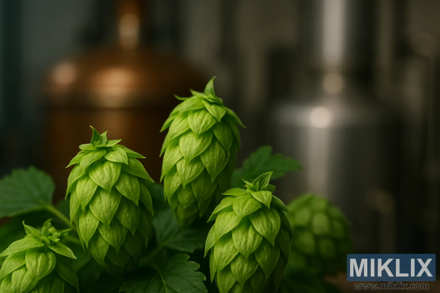 Nærbilde av nyhøstede ishumlekjegler med livlige grønne nyanser og harpiksaktig tekstur mot uskarpt bryggeutstyr. Nærbilde av nyhøstede ishumlekjegler med livlige grønne nyanser og harpiksaktig tekstur mot uskarpt bryggeutstyr.