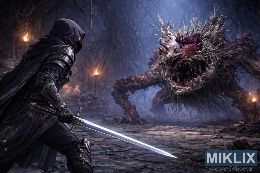 बाईं ओर टार्निश्ड का एनीमे-स्टाइल फैन आर्ट, जिसमें पीछे से तलवार खींचे हुए, लड़ाई से कुछ पल पहले फ्रिंजफोक हीरो की कब्र में अल्सरेटेड ट्री स्पिरिट का सामना करते हुए दिखाया गया है।