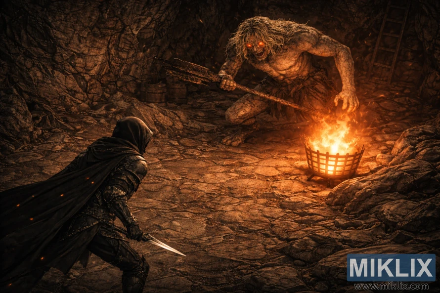 Dark fantasy realistic artwork from an isometric angle showing a Black Knife armored Tarnished confronting a towering Scaly Misbegotten in a firelit cavern.