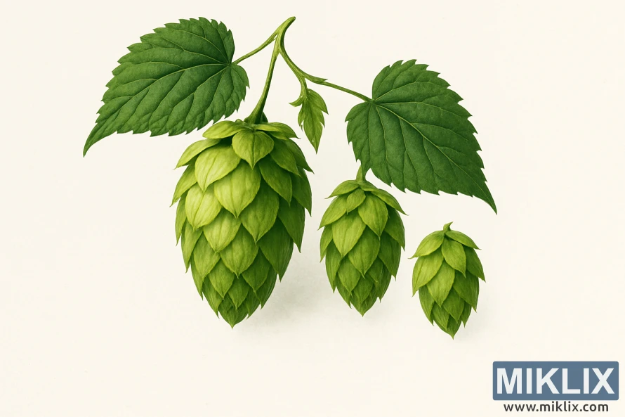 Közeli illusztráció Topaz komlótobozokról semleges háttér előtt, élénk zöld árnyalatokkal és részletes textúrákkal. Közeli illusztráció Topaz komlótobozokról semleges háttér előtt, élénk zöld árnyalatokkal és részletes textúrákkal.