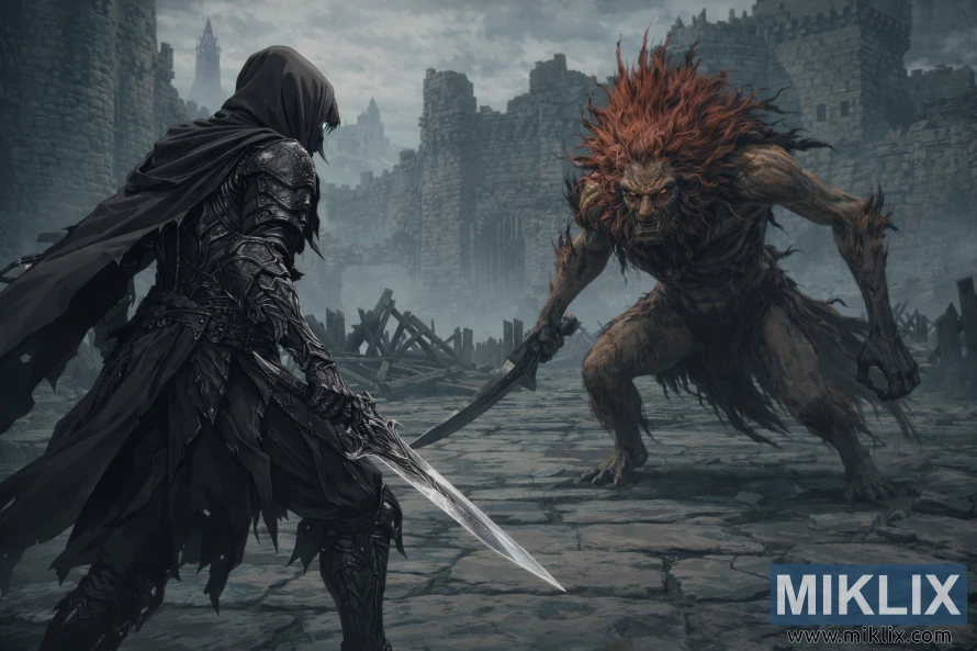 लड़ाई से ठीक पहले कैसल मोर्ने के टूटे-फूटे आंगन में, टार्निश्ड इन ब्लैक नाइफ आर्मर का एनीमे स्टाइल सीन, जो लियोनिन मिसबिगॉटन बॉस का सामना कर रहा है।