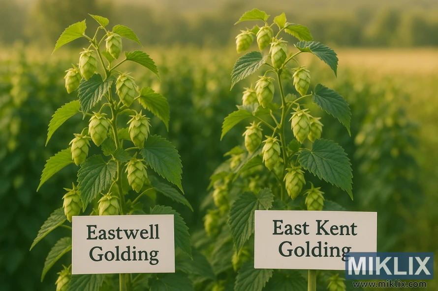 Lähivõte Eastwell Goldingi ja East Kent Goldingi humalataimedest kõrvuti, rohelised käbid ja lehed, mida valgustab kuldne päikesevalgus lopsakal humalapõllul. Lähivõte Eastwell Goldingi ja East Kent Goldingi humalataimedest kõrvuti, rohelised käbid ja lehed, mida valgustab kuldne päikesevalgus lopsakal humalapõllul.