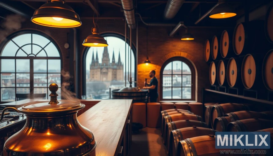 Kobberbryggekoker med damp, eikefat og brygger i varmt ravopplyst bryggeri med utsikt over Wiens skyline. Kobberbryggekoker med damp, eikefat og brygger i varmt ravopplyst bryggeri med utsikt over Wiens skyline.