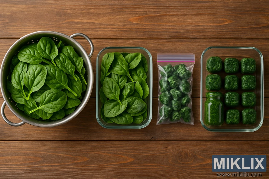 Различные способы хранения шпината, включая свежие листья, замороженные кубики и пюре на деревянной поверхности. Различные способы хранения шпината, включая свежие листья, замороженные кубики и пюре на деревянной поверхности.