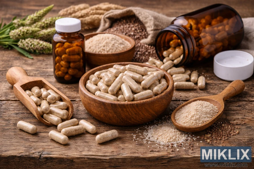 แคปซูลอาหารเสริมไซเลียมในชามไม้และช้อนตัก พร้อมขวดสีอำพัน เมล็ดและผงเปลือกวางอยู่บนโต๊ะไม้แบบเรียบง่าย