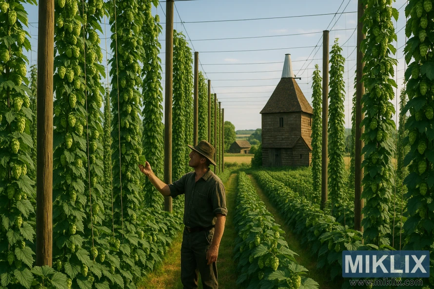 Apynių laukas Ringvude su ūkio darbininkais, apžiūrinčiais arklides po šilta popietės saule.