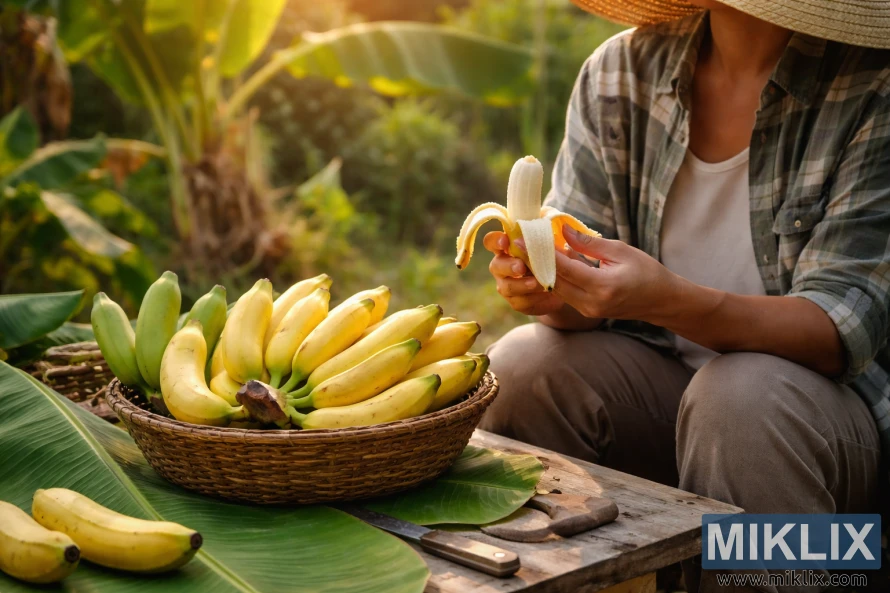 Person enjoying a freshly peeled banana beside a basket of homegrown bananas in a sunlit garden.