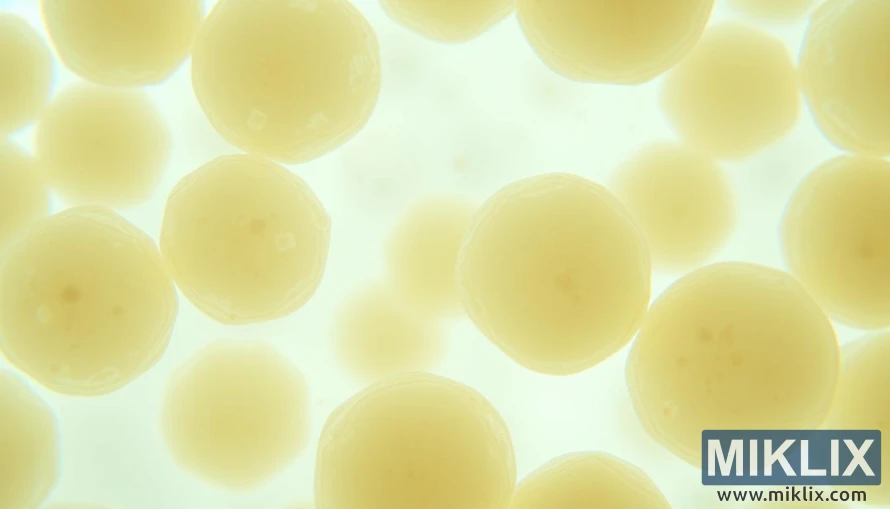 반투명한 벽과 과립 형태의 세포질을 가진 둥근 효모 세포의 현미경적 확대 사진입니다.