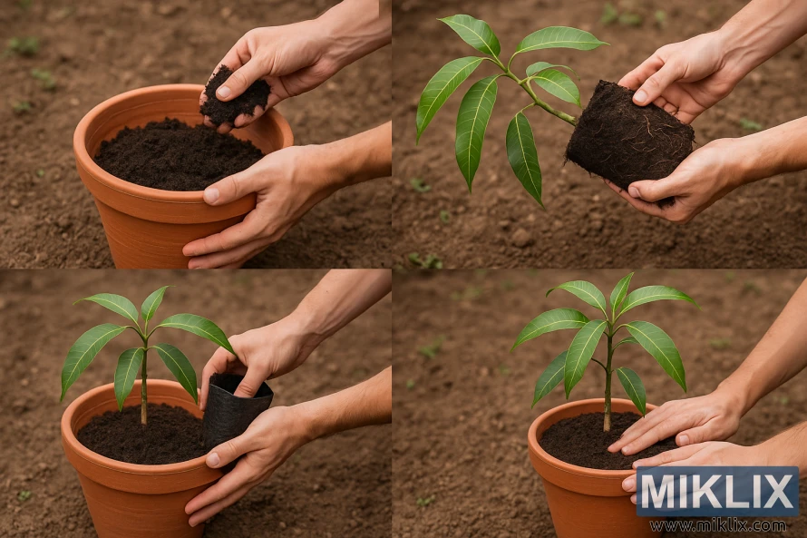 Four-panel collage showing hands planting a young mango tree in a terracotta pot step by step on a soil background.