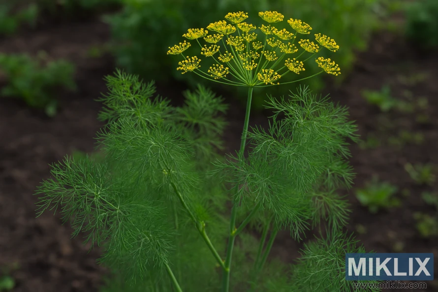 Feathery dill plant with yellow flower umbels growing in a garden Feathery dill plant with yellow flower umbels growing in a garden