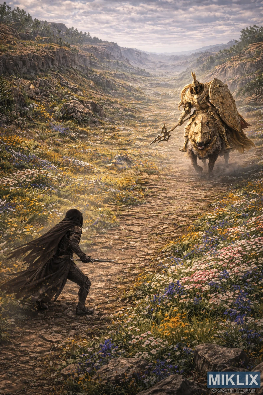 High-angle isometric view of the Tarnished facing a mounted Tree Sentinel along a winding path in a vast, flower-filled valley before battle.