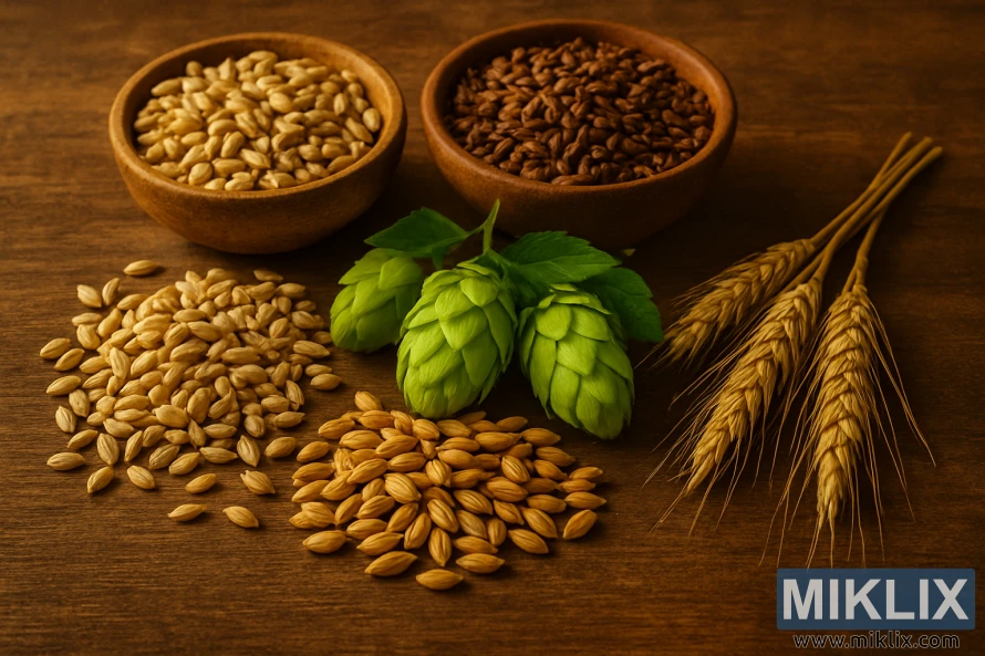 暖かい自然光の下、素朴な木製のテーブルの上に並べられた大麦、小麦、焙煎穀物、新鮮な緑のホップの円錐のクローズアップ静物画。 暖かい自然光の下、素朴な木製のテーブルの上に並べられた大麦、小麦、焙煎穀物、新鮮な緑のホップの円錐のクローズアップ静物画。