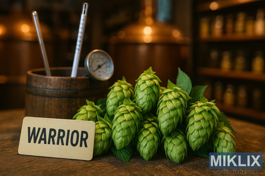 Fresh Warrior hop cones with brewing tools in a wooden barrel, set in a warm brewery background