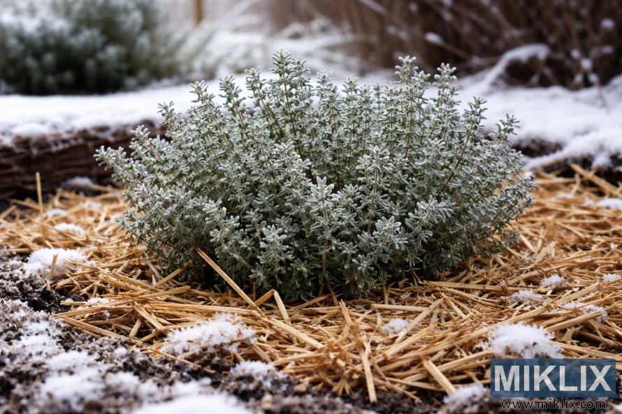 Thyme plant in winter surrounded by straw mulch and light snow, showing frost-covered leaves in a garden setting.