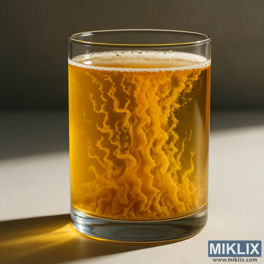 Close-up of a clear glass filled with golden liquid showing dramatic swirling patterns of flocculated yeast cells settling gracefully.