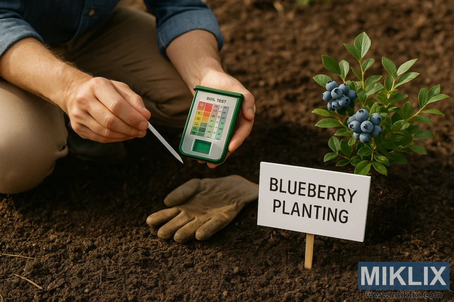A person testing soil pH with a soil testing kit beside a young blueberry plant and a 'Blueberry Planting' sign in the garden.