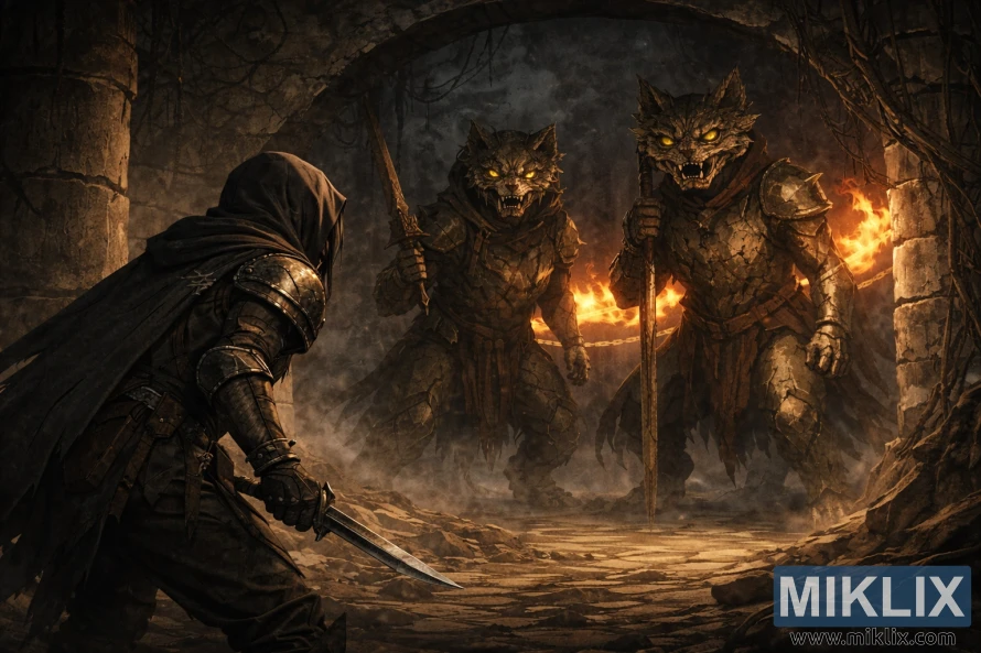 I Tarnished sono visti da dietro a sinistra, di fronte a due imponenti Erdtree Burial Watchdogs in una catacomba sotterranea in fiamme.