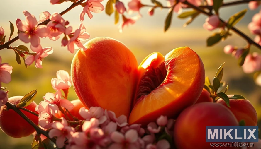 బంగారు కాంతిలో పువ్వులతో పీచు భాగాల హృదయాకార అమరిక. బంగారు కాంతిలో పువ్వులతో పీచు భాగాల హృదయాకార అమరిక.