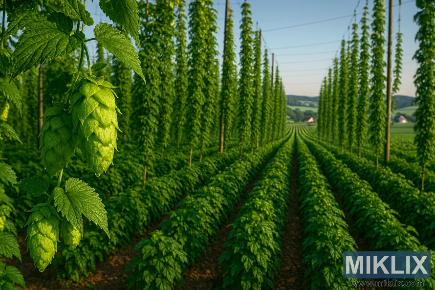 Lush Hallertauer hop field with dewy cones and trellised vines under a clear summer sky