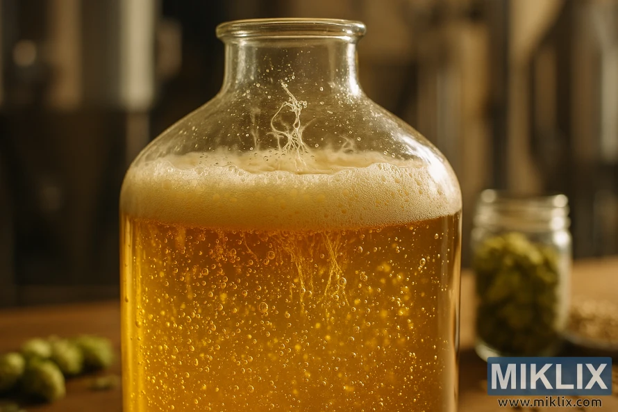 Close-up of a glass vessel fermenting golden Mexican lager with bubbles, froth, and brewery background