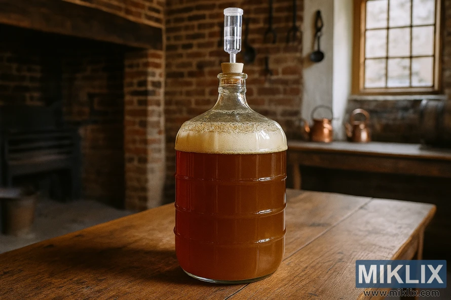 Kənd üslubunda kərpic divarlı pivəxanada taxta masada fermentləşdirilən Britaniya pivəsinin şüşə karavatı