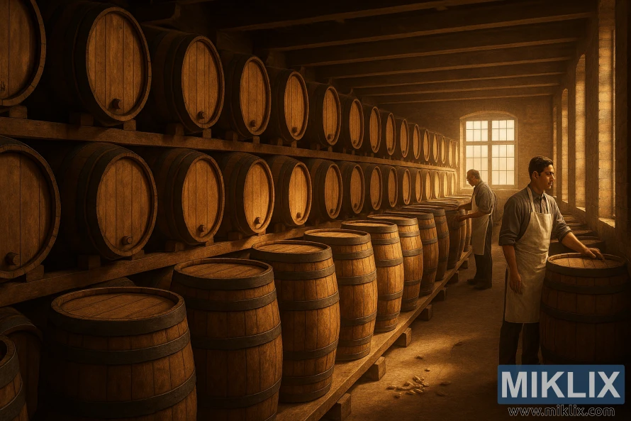 Lager med rader med trefat som lagrer München-malt, badet i varmt gyllent lys.