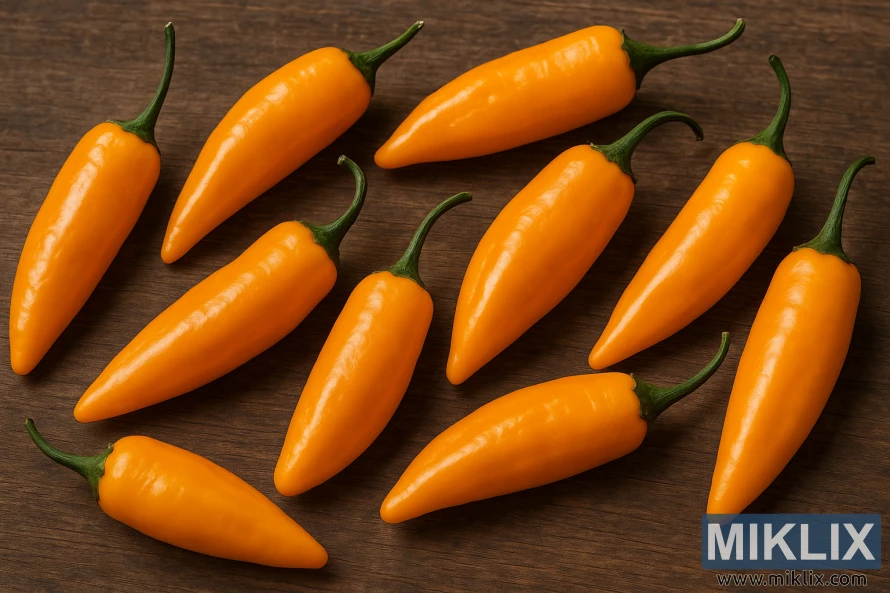 Ljus gul-orange Aji Amarillo-peppar arrangerade på en mörk träyta. Ljus gul-orange Aji Amarillo-peppar arrangerade på en mörk träyta.