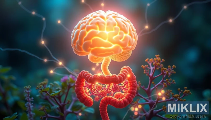 發光的大腦與充滿活力的腸道相連，腸道內有豐富多彩的微生物菌群，象徵腸腦軸。