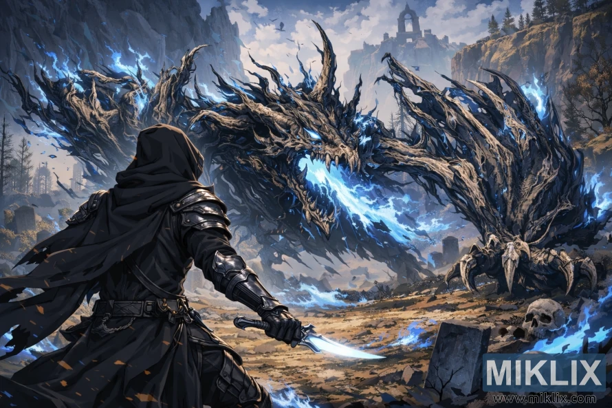 Anime-style artwork of the Tarnished seen from behind confronting the Ghostflame Dragon amid graves and ruins in Elden Ring’s Gravesite Plain.