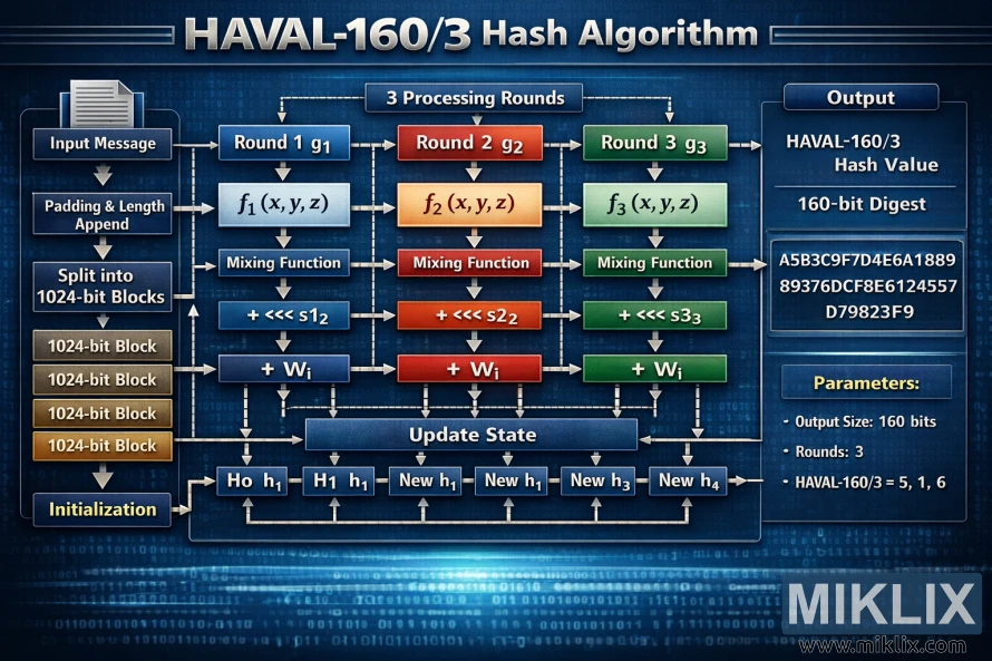 Flowchart visualization of the HAVAL-160/3 hash algorithm showing input processing, 3 rounds of transformation, mixing functions, and final 160-bit output.