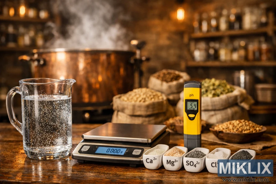 Artistic brewing scene showing a glass pitcher of sparkling water, a digital scale and pH meter in the foreground, a steaming copper mash tun with grains and hops in the middle ground, and warm amber-lit shelves of brewing supplies in the background. Artistic brewing scene showing a glass pitcher of sparkling water, a digital scale and pH meter in the foreground, a steaming copper mash tun with grains and hops in the middle ground, and warm amber-lit shelves of brewing supplies in the background.
