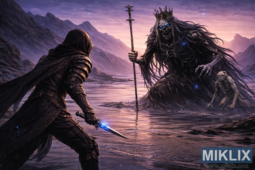 Anime-style artwork showing the Tarnished in Black Knife armor facing a much closer Demi-Queen Marigga on the Cerulean Coast just before battle. Anime-style artwork showing the Tarnished in Black Knife armor facing a much closer Demi-Queen Marigga on the Cerulean Coast just before battle.